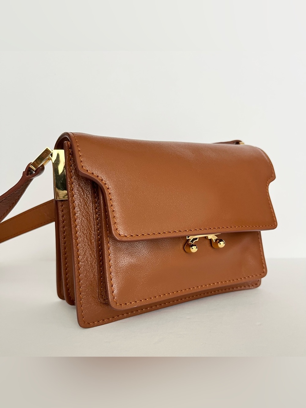 NEW Marni Small Trunk Bag Brown Grained Leather Shoulder Crossbody Italy Luxury
